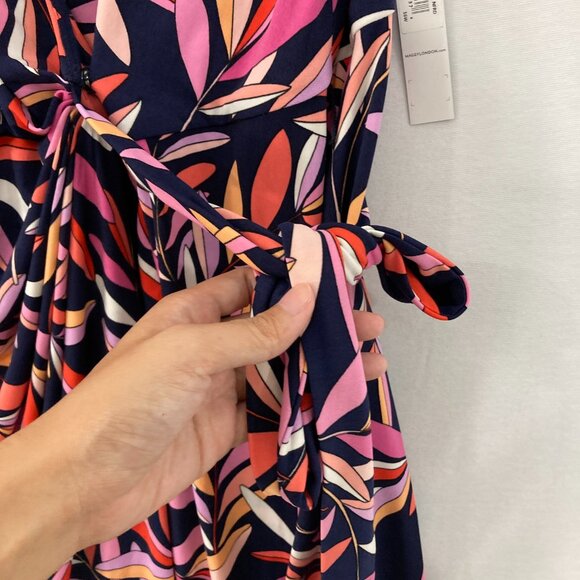 New Maggy London size 16W Multi Color Leaf Stretch Wrap Belted Dress Feminine - Picture 6 of 11